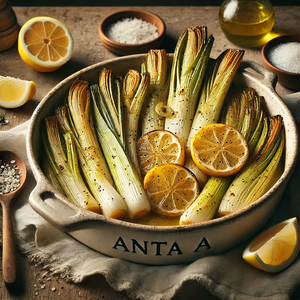 Lemon Roasted Leeks served in an artisan ANTA baking dish, golden and slightly caramelized, drizzled with olive oil and fresh lemon juice, and sprinkled with salt and black pepper. The dish is garnished with lemon wedges and styled on a rustic wooden table with a linen napkin, a wooden spoon, and a small bowl of coarse salt, illuminated by soft natural lighting for a warm and inviting
