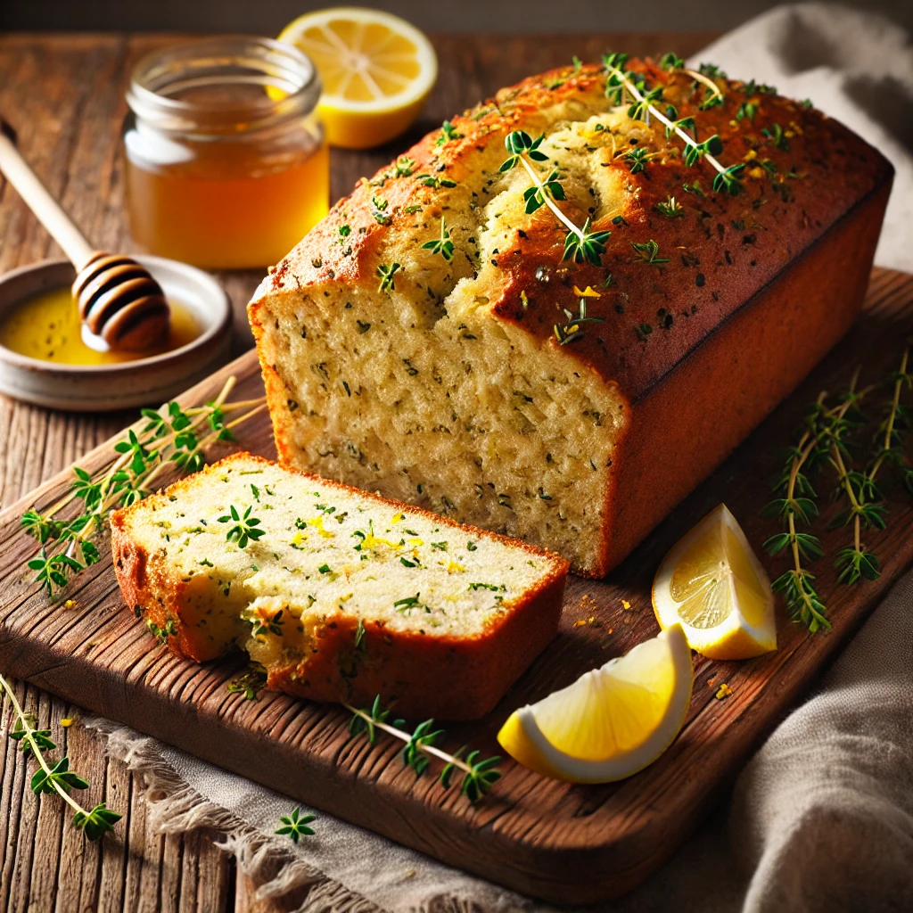 A freshly baked Lemon Thyme Quick Bread with a golden-brown crust and a moist, tender interior speckled with fresh thyme leaves and zesty lemon zest. The loaf has a rustic, artisanal appearance with a slightly cracked surface. It rests on a wooden cutting board atop a rustic wooden table, with a few slices cut to reveal its soft, herb-infused crumb. A small dish of honey, fresh lemon slices, and sprigs of thyme complete the cozy presentation. Warm, natural lighting enhances the inviting, homemade feel.