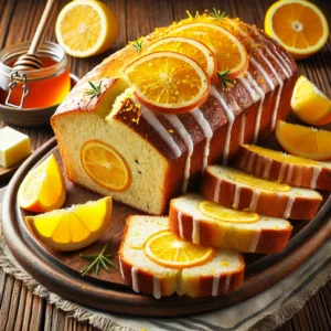 A beautifully plated loaf of Lemon and Orange Bread served on a rustic wooden table. The bread has a golden-brown crust with a soft, citrus-infused interior featuring fresh lemon zest and orange essence. Lightly drizzled with a citrus glaze and garnished with thin slices of lemon and orange. Sliced and arranged on a wooden cutting board, served with a side of butter and honey. The warm wooden table is more visible, providing a cozy and inviting setting.