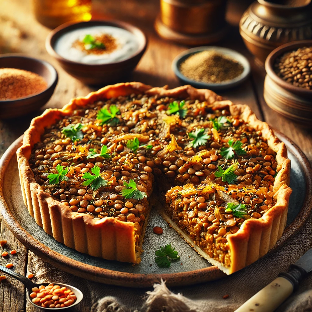 Lentil Tart with Tahini Crust on a rustic ceramic plate, featuring a golden, nutty tahini-infused crust filled with seasoned lentils, caramelized onions, and fresh herbs. Garnished with sesame seeds and parsley, set on a wooden table with a bowl of yogurt sauce and a glass of herbal tea in the softly blurred background.