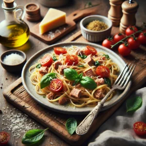 A rustic presentation of linguine with tuna and tomatoes, elegantly arranged on a wooden table. The linguine is coated in a light garlic and olive oil sauce, mixed with chunks of tuna, cherry tomatoes, and fresh basil leaves. The dish is served on a ceramic plate with a fork twirling a bite-sized portion. Scattered around are fresh basil sprigs, grated Parmesan cheese, and a drizzle of olive oil. Soft natural lighting enhances the warm and inviting feel, with gentle shadows and a hint of rustic kitchen elements in the background.