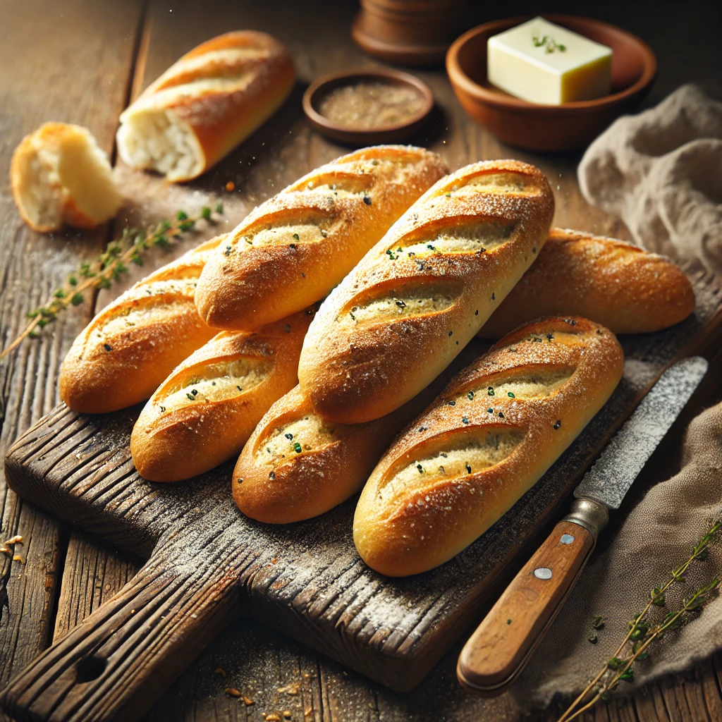 A batch of freshly baked little baguettes with a golden, crispy crust and a soft, airy interior. The mini baguettes have a rustic, artisanal appearance with a slightly flour-dusted surface. They are arranged on a wooden cutting board atop a rustic wooden table, with a few sliced open to reveal their fluffy texture. A small dish of butter, a linen napkin, and fresh herbs add to the co