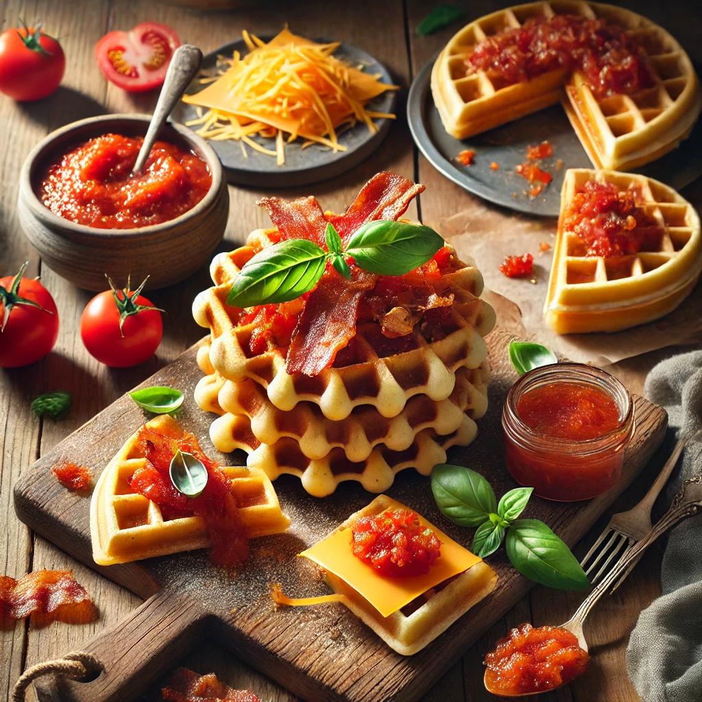 A rustic presentation of loaded bacon, cheddar, and basil waffles with fresh tomato jam, elegantly arranged on a wooden table. The golden, crispy waffles are topped with crispy bacon pieces, melted cheddar cheese, and fresh basil leaves. A side of vibrant, chunky tomato jam is served in a small dish. Some waffles are stacked on a wooden cutting board, while others are plated with a drizzle of tomato jam. Scattered around are crispy bacon bits, shredded cheddar, and fresh basil leaves. Soft natural lighting enhances the warm and savory feel, with gentle shadows and a hint of greenery in the background.