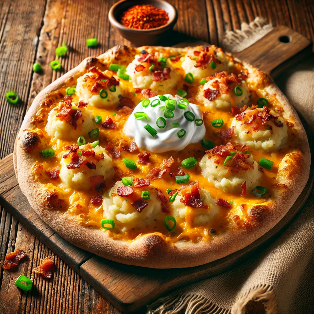 A beautifully plated Loaded Baked Potato Pizza served on a rustic wooden table. The pizza features a crispy golden crust topped with creamy mashed potatoes, melted cheddar cheese, crispy bacon bits, and sliced green onions. Garnished with a drizzle of sour cream and a sprinkle of fresh chives. Arranged on a wooden pizza board with a side of crushed red pepper flakes. The warm wooden table is more visible, providing a cozy and inviting setting.