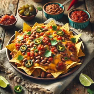 A vibrant plate of Bean Nachos served on a rustic wooden table, featuring crispy tortilla chips topped with melted cheddar and muenster cheese, refried and pinto beans, chunky salsa, fresh tomato, chopped jalapeño, and cilantro. The setup includes a small bowl of salsa, a lime wedge, and a linen napkin, illuminated by soft natural lighting for a cozy and festive snack presentation.