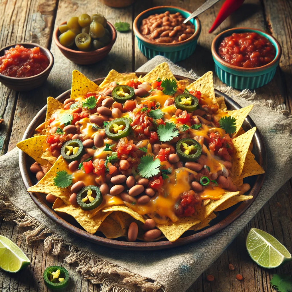 A vibrant plate of Bean Nachos served on a rustic wooden table, featuring crispy tortilla chips topped with melted cheddar and muenster cheese, refried and pinto beans, chunky salsa, fresh tomato, chopped jalapeño, and cilantro. The setup includes a small bowl of salsa, a lime wedge, and a linen napkin, illuminated by soft natural lighting for a cozy and festive snack presentation.