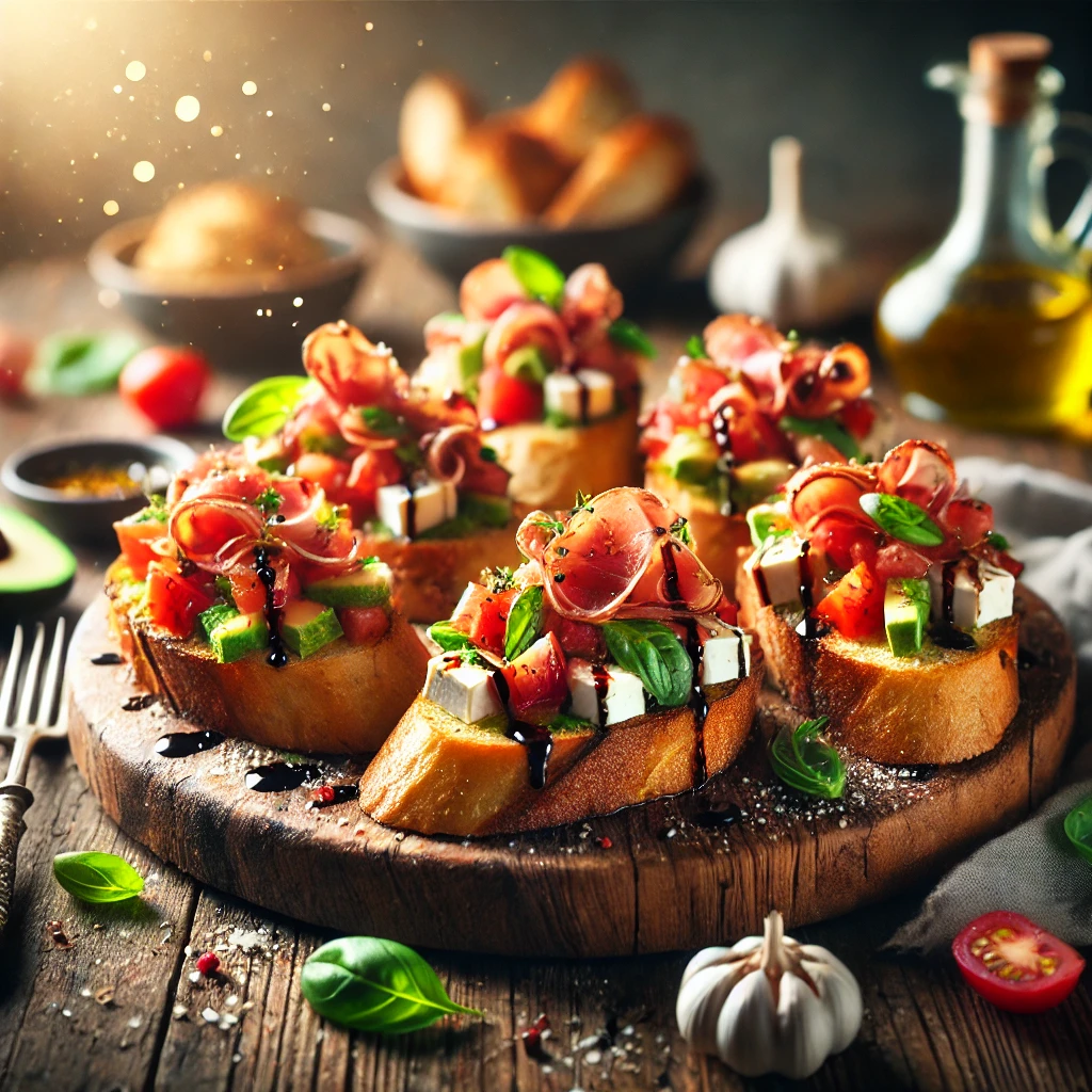 Loaded Bruschetta on a rustic wooden platter, featuring toasted baguette slices topped with diced tomatoes, basil, mozzarella, and balsamic glaze. Some pieces have prosciutto and avocado. Set on a wooden table with olive oil and a glass of red wine in the softly blurred background.