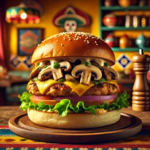 Loaded chicken burger with lettuce and mustard on a colorful Mexican-inspired plate.