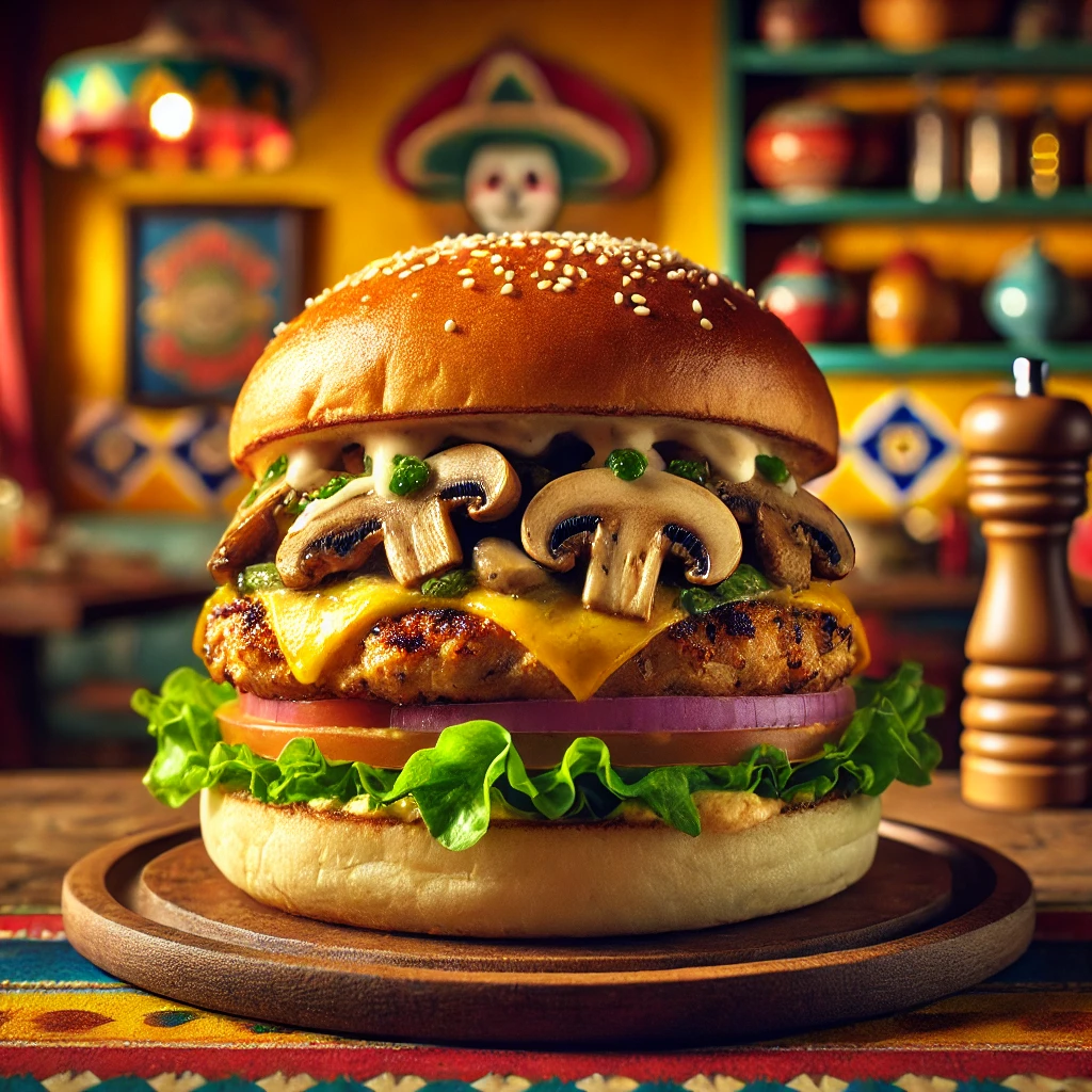 Loaded chicken burger with lettuce and mustard on a colorful Mexican-inspired plate.