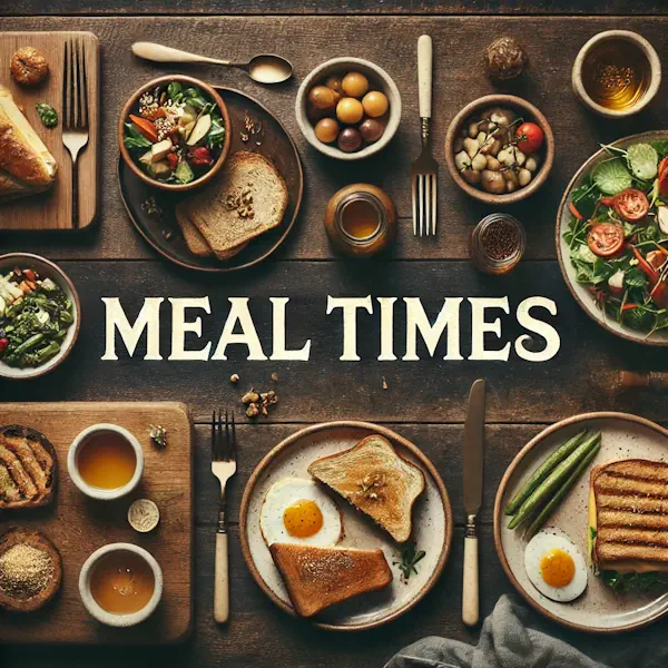 A rustic flat lay on a dark wooden table showing breakfast with toast and fruit, a light lunch with salad or sandwich, and dinner with vegetables and protein. The plates are spaced out and neatly arranged. At the top of the image, the words 'MEAL TIMES' appear in large cream-colored serif letters, centered and clearly placed above the meals.