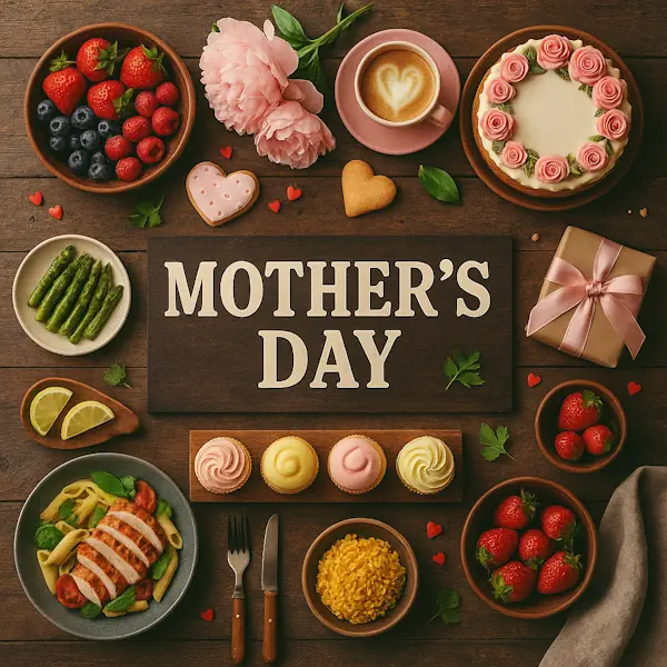 Top-down view of a rustic wooden table featuring a charming Mother's Day spread arranged around a central sign labeled MOTHER'S DAY. Includes pastel cupcakes, a floral-decorated cake, fresh berries, grilled chicken pasta, lemon wedges, asparagus, a heart-shaped cookie, a latte with heart art, pink peonies, and a wrapped gift, all presented with warm, soft lighting and delicate decorations.