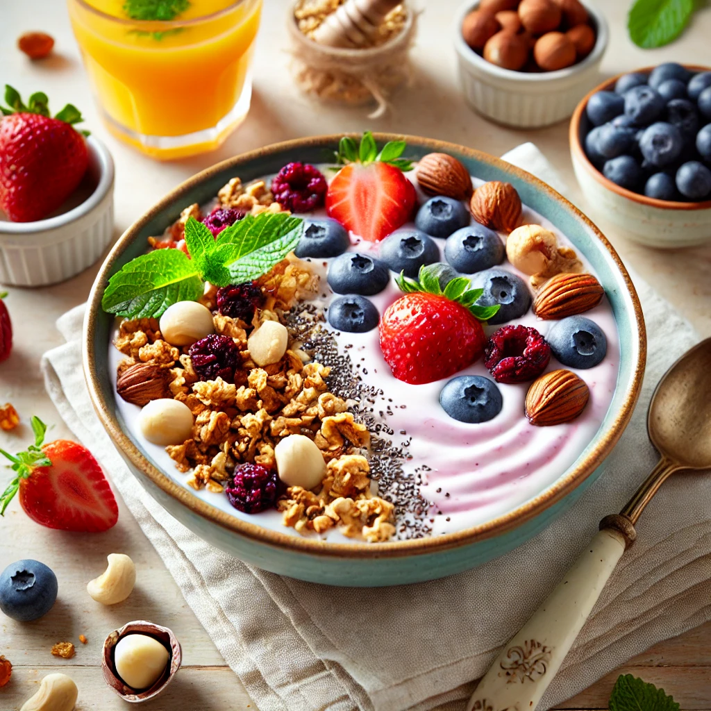 A vibrant bowl of Macadamia Yogurt Granola Bliss, featuring creamy yogurt topped with crunchy granola, toasted macadamia nuts, fresh blueberries and strawberries, and a drizzle of honey. The dish is garnished with chia seeds and fresh mint leaves, styled on a light wooden table with a linen napkin, a small bowl of macadamia nuts, and a glass of fresh orange juice, bathed in bright natural lighting for a wholesome feel.