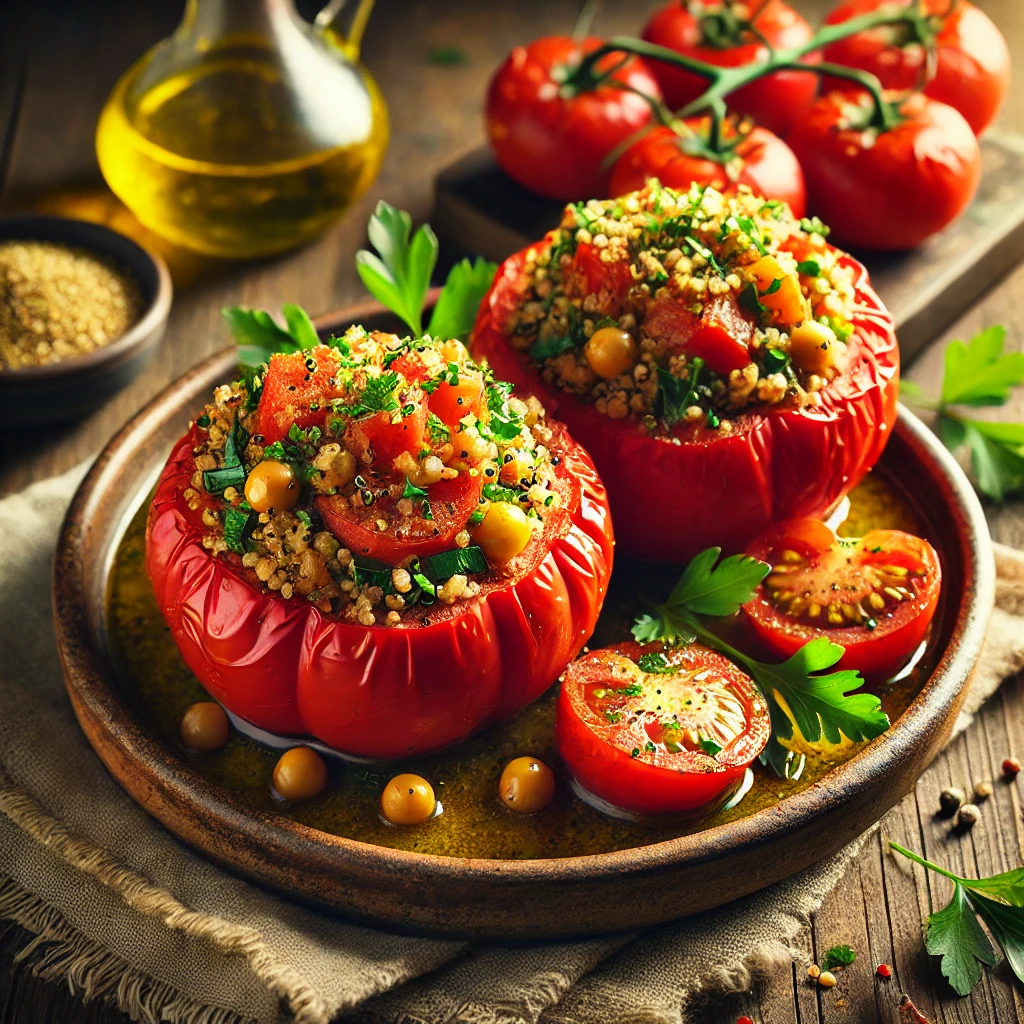Vegan stuffed tomatoes filled with quinoa, vegetables, and chickpeas, garnished with parsley and olive oil, served on a rustic plate with fresh parsley and a bowl of olive oil in the background.