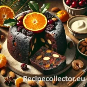 Traditional Christmas pudding sliced open to show a whole mandarin orange inside, with visible natural-looking dried fruits like raisins, sultanas, and cherries, served on a rustic wooden table with brandy butter and festive garnishes.