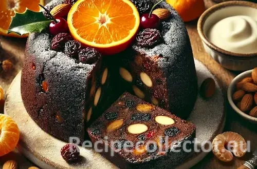Traditional Christmas pudding sliced open to show a whole mandarin orange inside, with visible natural-looking dried fruits like raisins, sultanas, and cherries, served on a rustic wooden table with brandy butter and festive garnishes.