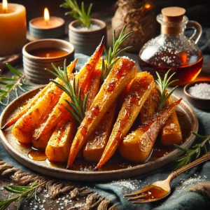 Golden, caramelized roast parsnips drizzled with maple syrup and garnished with fresh rosemary, arranged on a rustic ceramic platter. The parsnips are sprinkled with flaky sea salt, and the cozy holiday setting includes rosemary sprigs and warm-toned textiles. Soft natural lighting highlights the crispy edges and rich glaze, creating an inviting festive side dish.