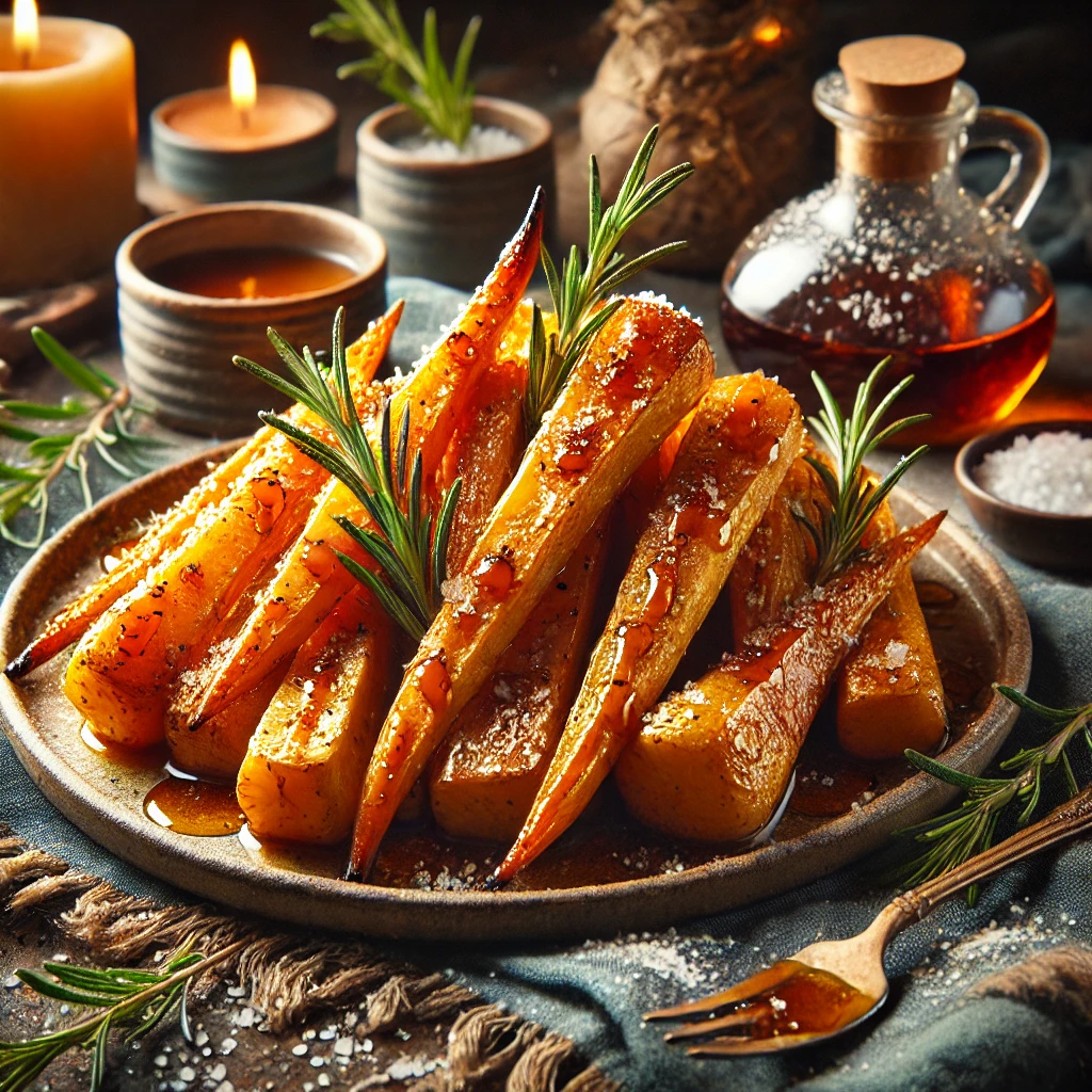 Golden, caramelized roast parsnips drizzled with maple syrup and garnished with fresh rosemary, arranged on a rustic ceramic platter. The parsnips are sprinkled with flaky sea salt, and the cozy holiday setting includes rosemary sprigs and warm-toned textiles. Soft natural lighting highlights the crispy edges and rich glaze, creating an inviting festive side dish.
