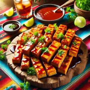 A vibrant and appetizing scene featuring Maple Hickory Tofu Strips arranged on a rustic wooden platter. The golden brown tofu strips are glazed with a rich maple and hickory sauce, garnished with fresh parsley. The setup includes a colorful Mexican-style tablecloth, a small bowl of dipping sauce, a glass of iced tea, and a few lime wedges, illuminated by bright natural light to enhance the rich and inviting appeal.