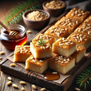 A beautifully plated batch of Maple Pine Nut Bars, featuring golden-brown bars with a delicate crunch from pine nuts and a rich, sweet maple flavor. The bars are cut into neat squares, drizzled with maple syrup, and sprinkled with toasted pine nuts for garnish. Displayed on a rustic wooden board, they are accompanied by a small dish of maple syrup and fresh pine sprigs. The scene is set on a wooden table with soft, warm lighting enhancing the inviting and flavorful presentation.