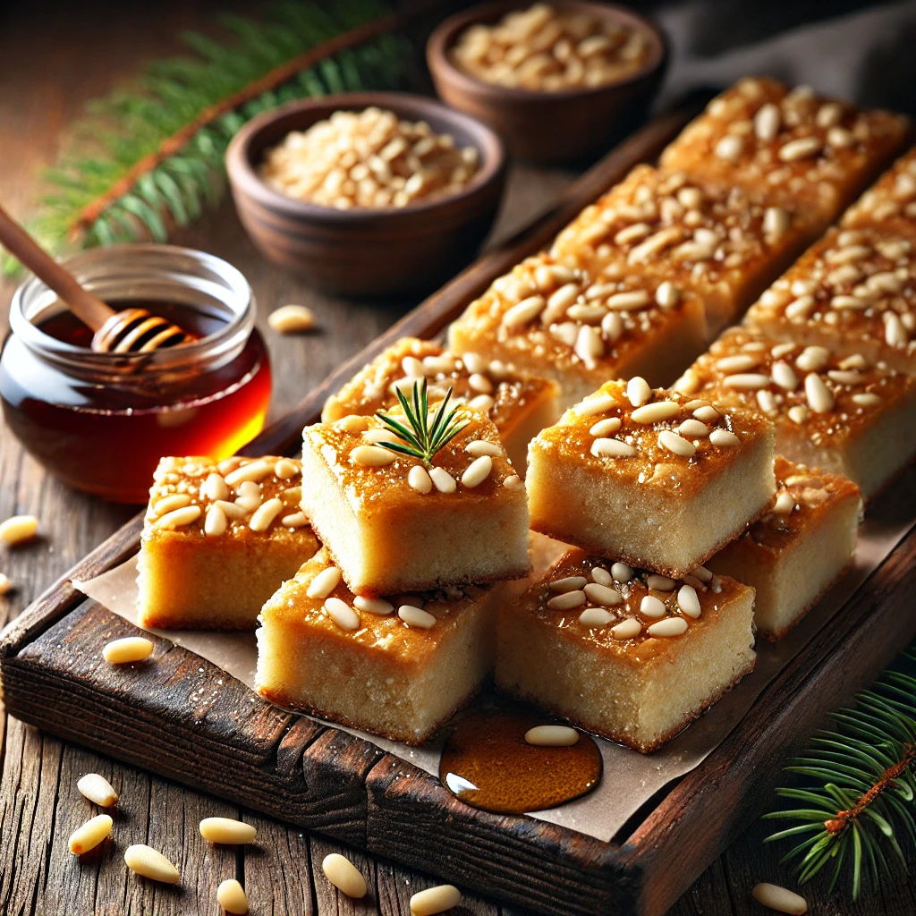 A beautifully plated batch of Maple Pine Nut Bars, featuring golden-brown bars with a delicate crunch from pine nuts and a rich, sweet maple flavor. The bars are cut into neat squares, drizzled with maple syrup, and sprinkled with toasted pine nuts for garnish. Displayed on a rustic wooden board, they are accompanied by a small dish of maple syrup and fresh pine sprigs. The scene is set on a wooden table with soft, warm lighting enhancing the inviting and flavorful presentation.