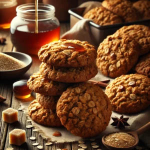 A batch of freshly baked Maple and Brown Sugar Oatmeal Cookies with a golden-brown color and a chewy, textured surface. Some cookies are stacked, while others cool on a wire rack. They are arranged on a rustic wooden table, accompanied by a small dish of maple syrup, a sprinkle of rolled oats, and a few brown sugar cubes. Warm, natural lighting enhances the cozy, homemade feel.