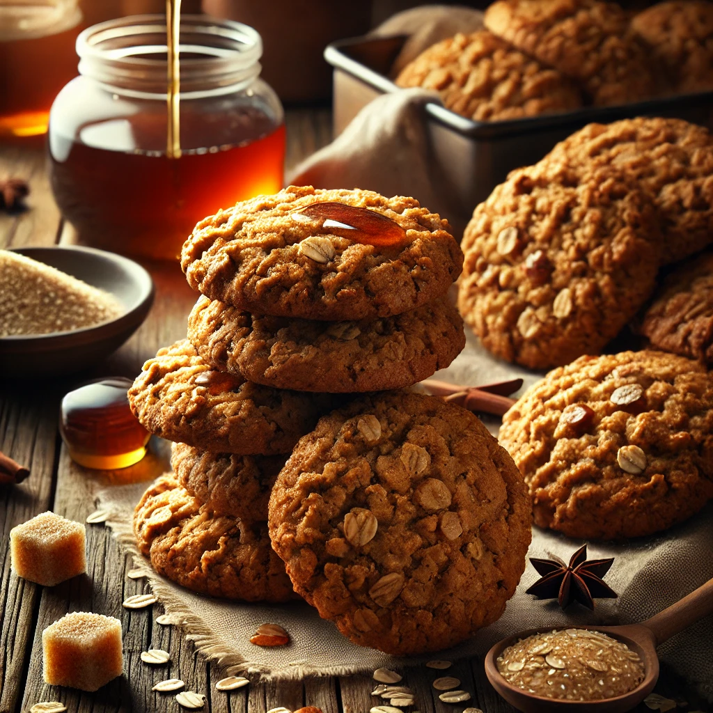 A batch of freshly baked Maple and Brown Sugar Oatmeal Cookies with a golden-brown color and a chewy, textured surface. Some cookies are stacked, while others cool on a wire rack. They are arranged on a rustic wooden table, accompanied by a small dish of maple syrup, a sprinkle of rolled oats, and a few brown sugar cubes. Warm, natural lighting enhances the cozy, homemade feel.