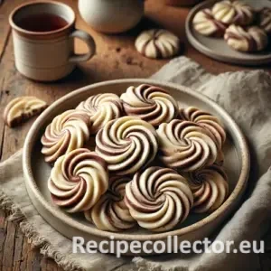 French marbled sablé cookies with vanilla and chocolate swirls on a ceramic plate, set on a rustic wooden table next to a napkin and cup of tea.