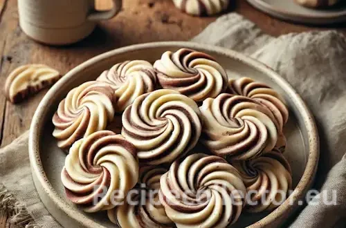 French marbled sablé cookies with vanilla and chocolate swirls on a ceramic plate, set on a rustic wooden table next to a napkin and cup of tea.