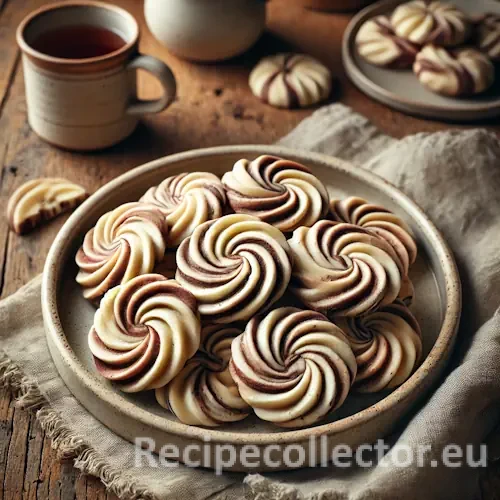 French marbled sablé cookies with vanilla and chocolate swirls on a ceramic plate, set on a rustic wooden table next to a napkin and cup of tea.