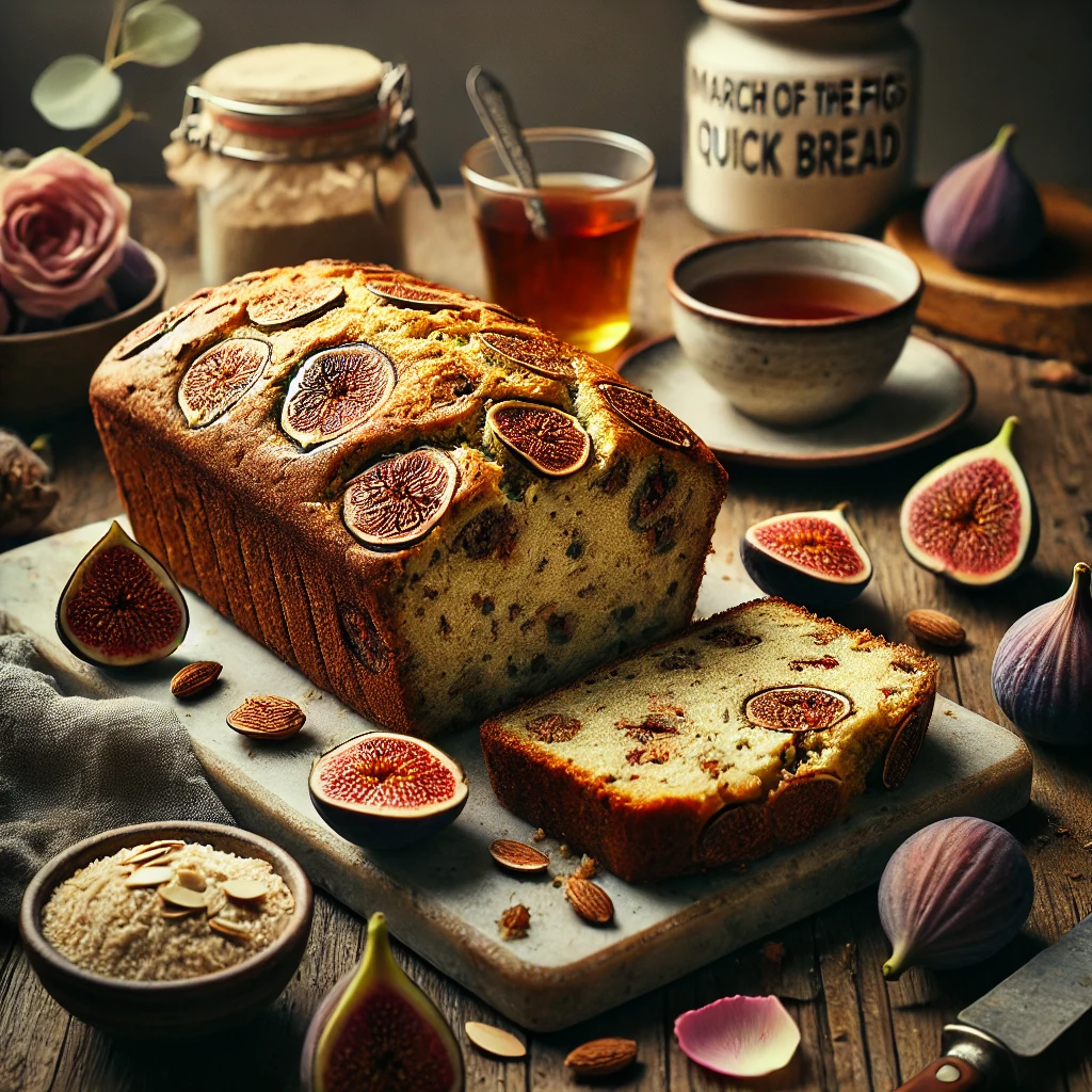 March of the Figs Quick Bread, golden brown with visible chunks of dried figs, sliced to reveal a moist and hearty interior. The loaf is displayed on a rustic wooden table, accompanied by a small bowl of chopped figs, a jar of almond meal, a linen napkin, and a steaming cup of tea. Rose petals are scattered nearby, illuminated by soft natural lighting for a cozy and elegant presentation.