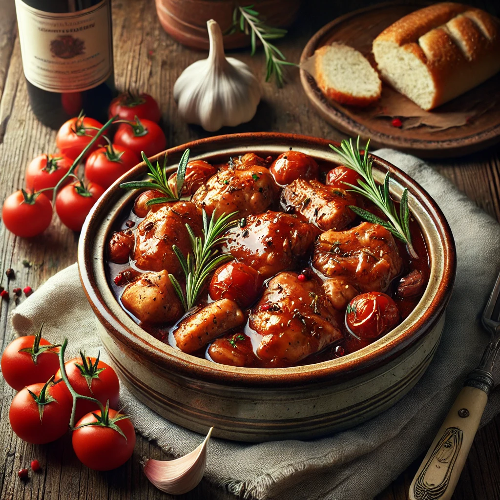 A rustic ceramic dish of marinated chicken and pork sits on a wooden table. The dish features tender chicken pieces and pork cubes cooked in a rich, glossy marinade made with red wine, beef broth, garlic, and tomatoes. Garnished with fresh rosemary sprigs, the dish is served alongside crusty bread. Surrounding the setup are fresh tomatoes, garlic cloves, a bottle of red wine, and a folded linen napkin. Soft natural light highlights the glossy sauce and tender meat textures, creating a warm and appetizing presentation.