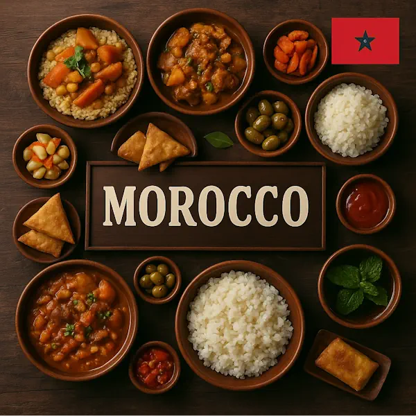 Authentic Moroccan cuisine flat lay with couscous, tagine, briouats, harira soup, marinated olives, pickled vegetables, and flatbread in rustic wooden bowls, centered around MOROCCO sign with the Moroccan flag.