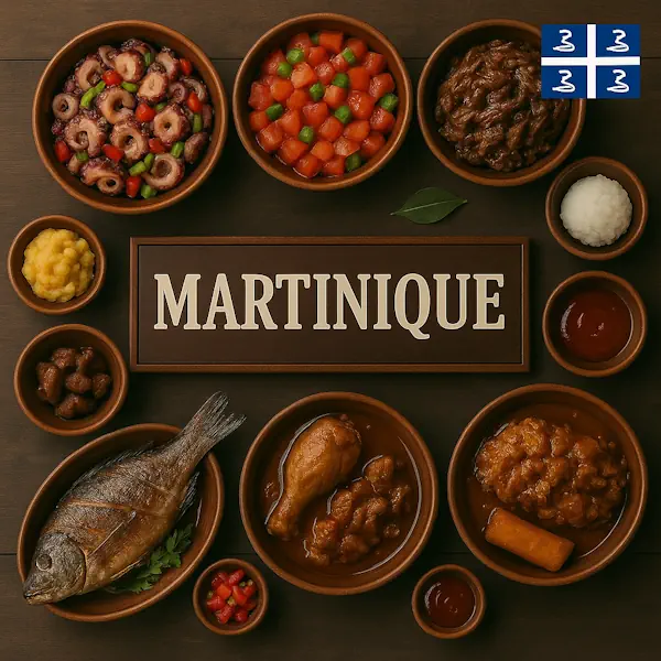 Traditional Martinican cuisine with grilled fish, chicken stew, octopus salad, rice, fried pastries, and Creole dishes in rustic wooden bowls, centered around MARTINIQUE sign with the Martinique flag.