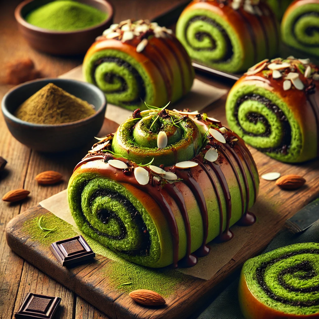 A batch of freshly baked Matcha Spelt Rolls with a vibrant green hue, swirled with rich bittersweet chocolate filling and topped with a delicate almond icing drizzle. The rolls have a soft, fluffy texture and a glossy finish. They are arranged on a rustic wooden table, with some placed on a wooden cutting board and others in a baking dish. A small dish of matcha powder, chocolate chunks, and slivered almonds enhance the artisanal presentation. Warm, natural lighting highlights the unique colors and textures, creating an inviting homemade feel.
