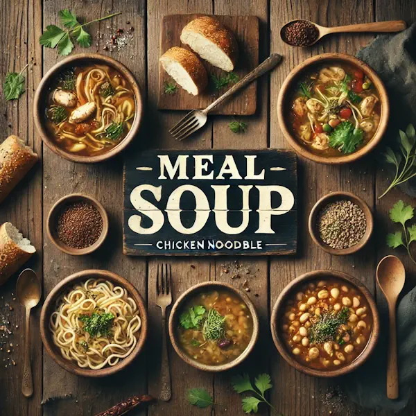 A rustic flat lay of meal soups on a medium-dark wooden table with horizontal planks. The bowls include chicken noodle soup, vegetable soup, and bean soup, garnished with parsley or cilantro, with bread or rolls nearby. At the top, the words 'MEAL SOUP' are written in large cream-colored serif letters, centered and clearly visible.