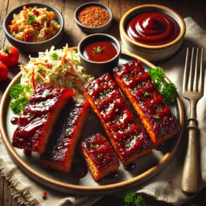 A plate of plant-based BBQ riblets coated in glossy barbecue sauce, garnished with parsley, served with coleslaw and a small bowl of BBQ sauce on a rustic wooden table.