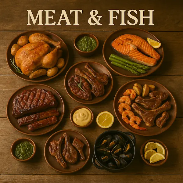 Square image titled “MEAT & FISH.” Overhead view on a rustic light-wood table showing mixed mains: roast chicken with baby potatoes; grilled steak with grill marks; pork ribs; lamb chops (two plates); seared salmon with asparagus and lemon; shrimp on skewers; and a small pot of steamed mussels with lemon wedges and dips (chimichurri, mustard). Warm left-side lighting; clean top label only.