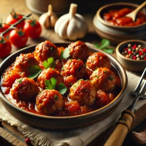 A rustic presentation of meatballs in tomato chutney, elegantly arranged on a wooden table. The meatballs are golden-brown and simmered in a rich, tangy tomato chutney with caramelized onions and warm spices. The dish is served in a ceramic bowl, garnished with fresh cilantro and a sprinkle of red pepper flakes. A few meatballs are skewered on a fork to showcase their juicy texture. Scattered around are cherry tomatoes, garlic cloves, and a small dish of extra chutney. Soft natural lighting enhances the warm and inviting feel, with gentle shadows and a hint of rustic kitchen elements in the background.