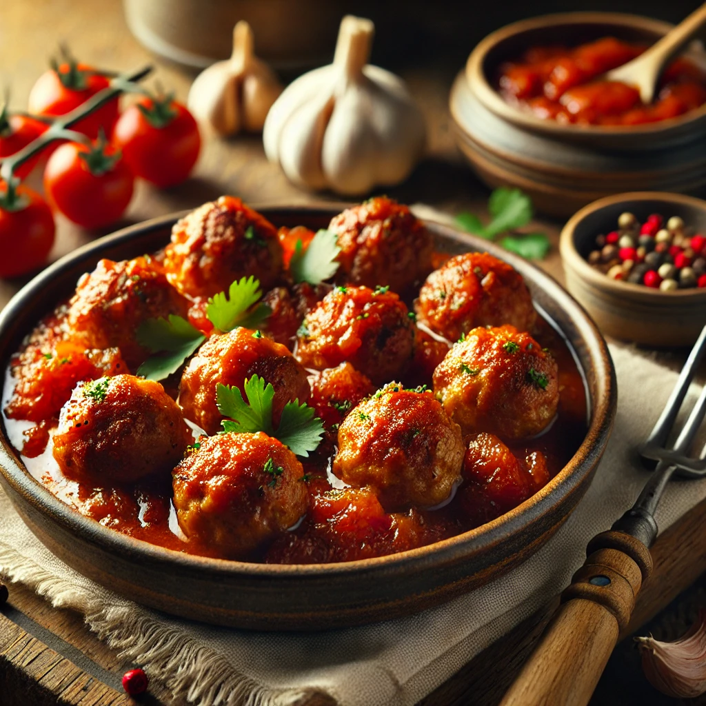 A rustic presentation of meatballs in tomato chutney, elegantly arranged on a wooden table. The meatballs are golden-brown and simmered in a rich, tangy tomato chutney with caramelized onions and warm spices. The dish is served in a ceramic bowl, garnished with fresh cilantro and a sprinkle of red pepper flakes. A few meatballs are skewered on a fork to showcase their juicy texture. Scattered around are cherry tomatoes, garlic cloves, and a small dish of extra chutney. Soft natural lighting enhances the warm and inviting feel, with gentle shadows and a hint of rustic kitchen elements in the background.