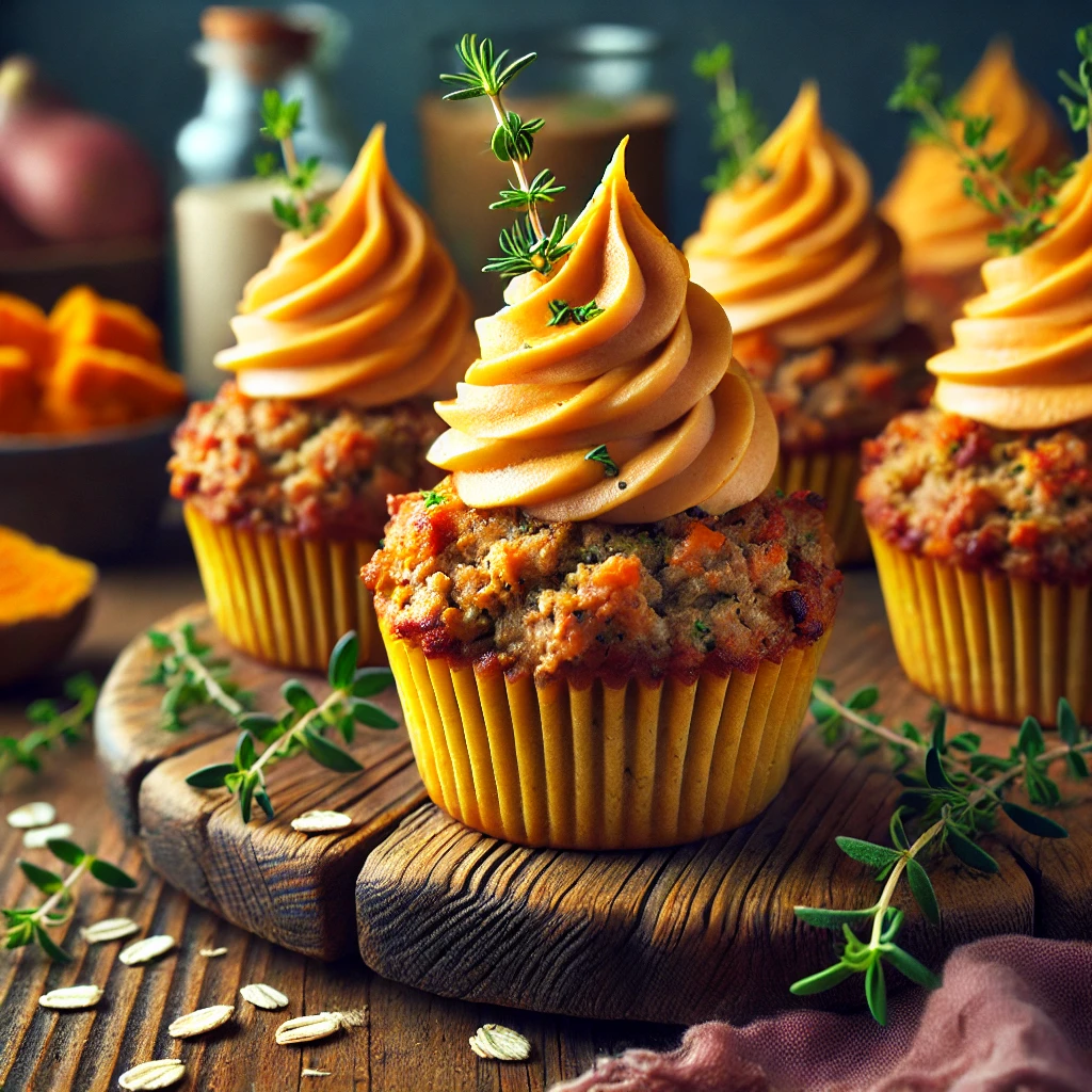 Golden-brown meatloaf muffins made with pork sausage, oats, and herbs, topped with a smooth and fluffy orange sweet potato frosting piped beautifully like cupcake frosting. The dish is garnished with fresh herbs and presented on a rustic wooden platter in a cozy, playful dining atmosphere with colorful napkins and warm natural lighting.