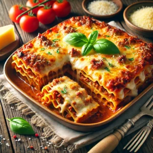 A freshly baked meaty lasagna with rich layers of pasta, hearty meat sauce, creamy béchamel, and golden melted cheese, garnished with fresh basil leaves. A slice is cut out, revealing the layers. The rustic wooden table is decorated with grated Parmesan, cherry tomatoes, and a rustic napkin, illuminated by soft natural light for a warm and inviting atmosphere