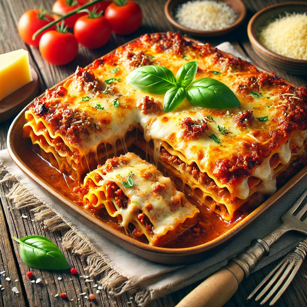 A freshly baked meaty lasagna with rich layers of pasta, hearty meat sauce, creamy béchamel, and golden melted cheese, garnished with fresh basil leaves. A slice is cut out, revealing the layers. The rustic wooden table is decorated with grated Parmesan, cherry tomatoes, and a rustic napkin, illuminated by soft natural light for a warm and inviting atmosphere