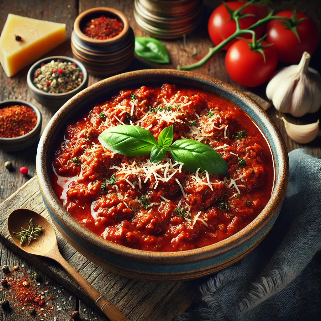 A rich and hearty Meaty Marinara Sauce served in a rustic ceramic bowl. The sauce has a deep red hue with a thick, chunky texture, filled with ground meat, tomatoes, and aromatic Italian herbs. It is garnished with a sprinkle of grated parmesan cheese and fresh basil leaves. The bowl sits on a rustic wooden table, accompanied by a wooden spoon, a small dish of crushed red pepper flakes, and fresh garlic cloves. Warm, natural lighting enhances the inviting, homemade feel.