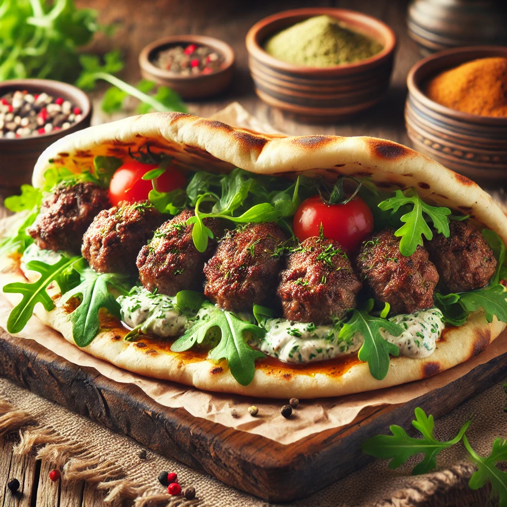 Juicy kofta kebabs wrapped in warm flatbread with a spread of tahini sauce, fresh baby arugula, and tomato slices. The sandwich is served on a wooden board, garnished with fresh parsley, and surrounded by small bowls of spices and sauce, illuminated by soft natural lighting to enhance its authentic and appetizing appeal.