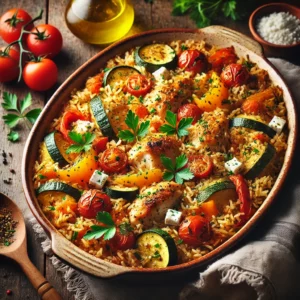 A hearty Mediterranean-inspired dish featuring tender, golden-brown chicken pieces baked with seasoned rice and vibrant vegetables like bell peppers, zucchini, and cherry tomatoes, garnished with fresh parsley and feta cheese.