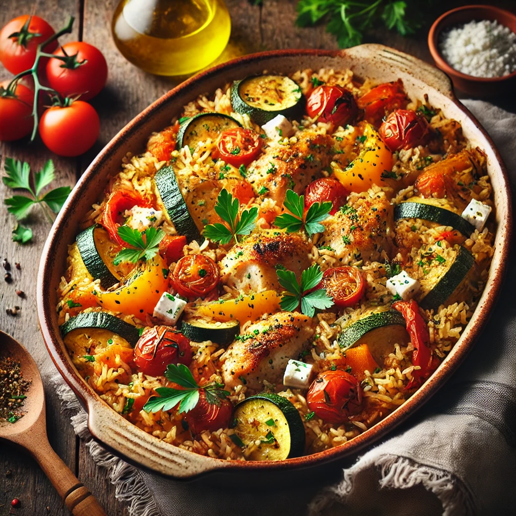 A hearty Mediterranean-inspired dish featuring tender, golden-brown chicken pieces baked with seasoned rice and vibrant vegetables like bell peppers, zucchini, and cherry tomatoes, garnished with fresh parsley and feta cheese.