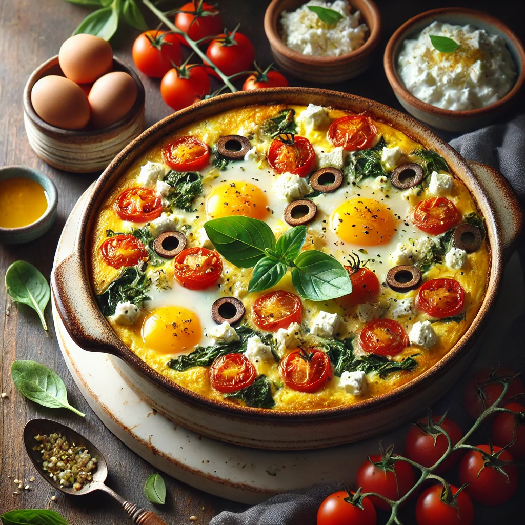 A rustic presentation of Mediterranean egg casserole, elegantly arranged on a wooden table. The casserole is baked to golden perfection in a ceramic dish, featuring fluffy eggs combined with feta cheese, cherry tomatoes, spinach, and Kalamata olives. Fresh basil and a sprinkle of crumbled feta garnish the top. A serving spoon rests inside, revealing the colorful and hearty layers. Scattered around are extra cherry tomatoes, olives, and a small dish of tzatziki. Soft natural lighting enhances the fresh and inviting feel, with gentle shadows and a hint of rustic kitchen charm in the background.
