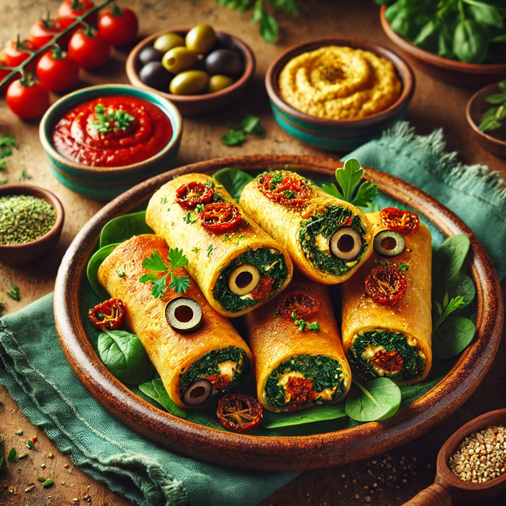 Mediterranean-inspired vegan 'egg' rolls filled with spinach, sun-dried tomatoes, olives, and vegan cheese, garnished with parsley and sesame seeds, served with marinara and hummus on a rustic plate in a cozy setting.