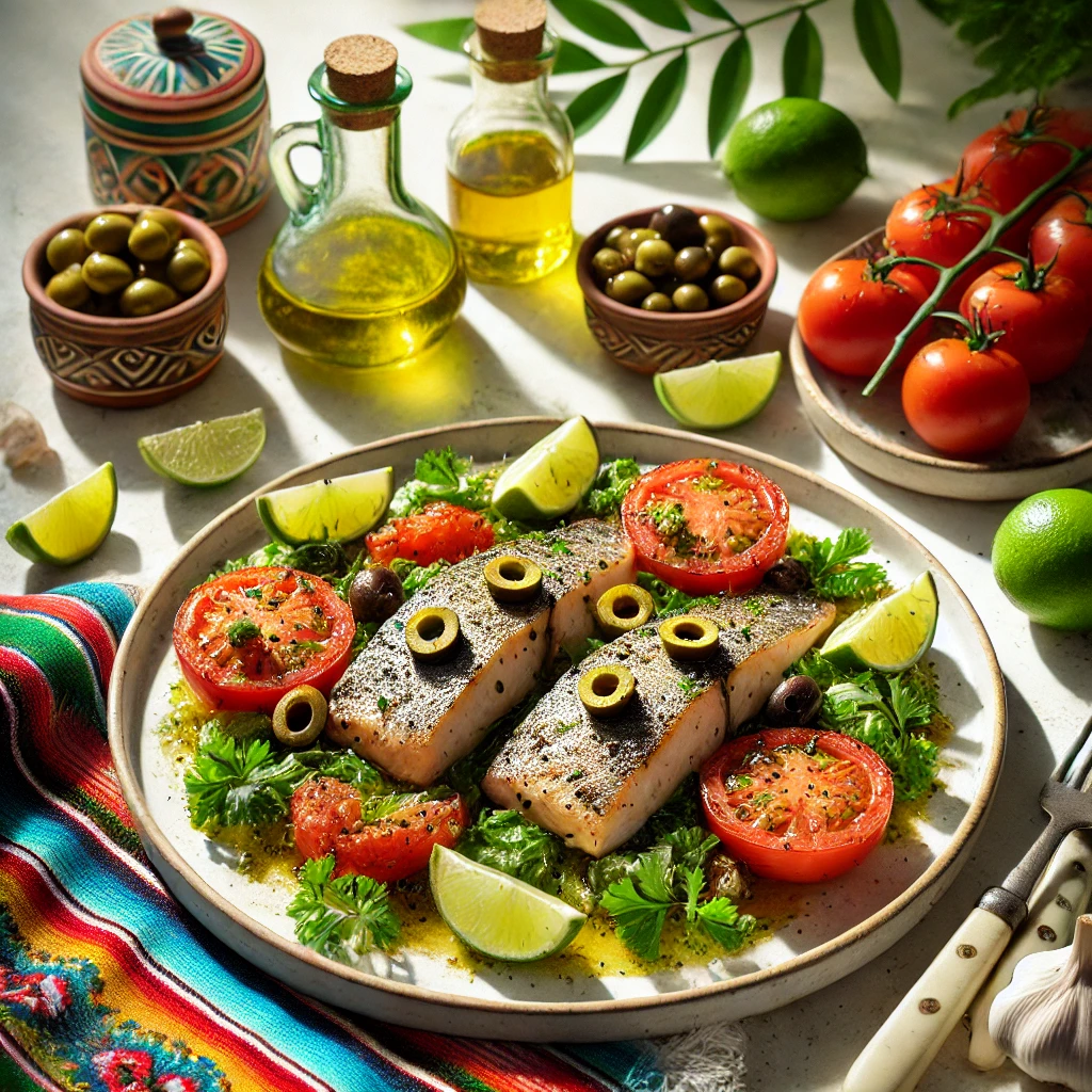 Greek-Style Roast Fish dish with vibrant toppings of tomatoes, olives, and capers, served on a rustic plate with a fresh and cheerful Mediterranean aesthetic.