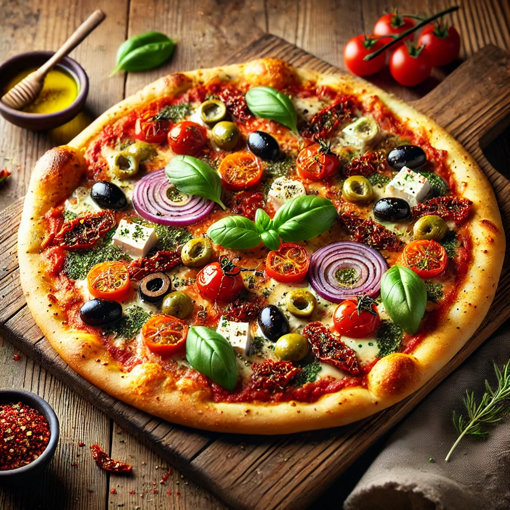 A beautifully plated Mediterranean Pizza served on a rustic wooden table. The pizza features a crispy golden crust topped with a rich tomato sauce, melted mozzarella cheese, and Mediterranean ingredients such as Kalamata olives, sun-dried tomatoes, red onions, feta cheese, and fresh basil. Garnished with a drizzle of olive oil and a sprinkle of oregano. Arranged on a wooden pizza board with a side of crushed red pepper flakes. The warm wooden table is more visible, providing a cozy and inviting setting.